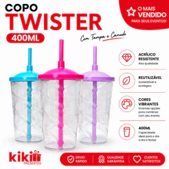 2 Copos Cristal Twister 400ml, Festas E Eventos, Transparentes Com Tampa E Canudo coloridos
