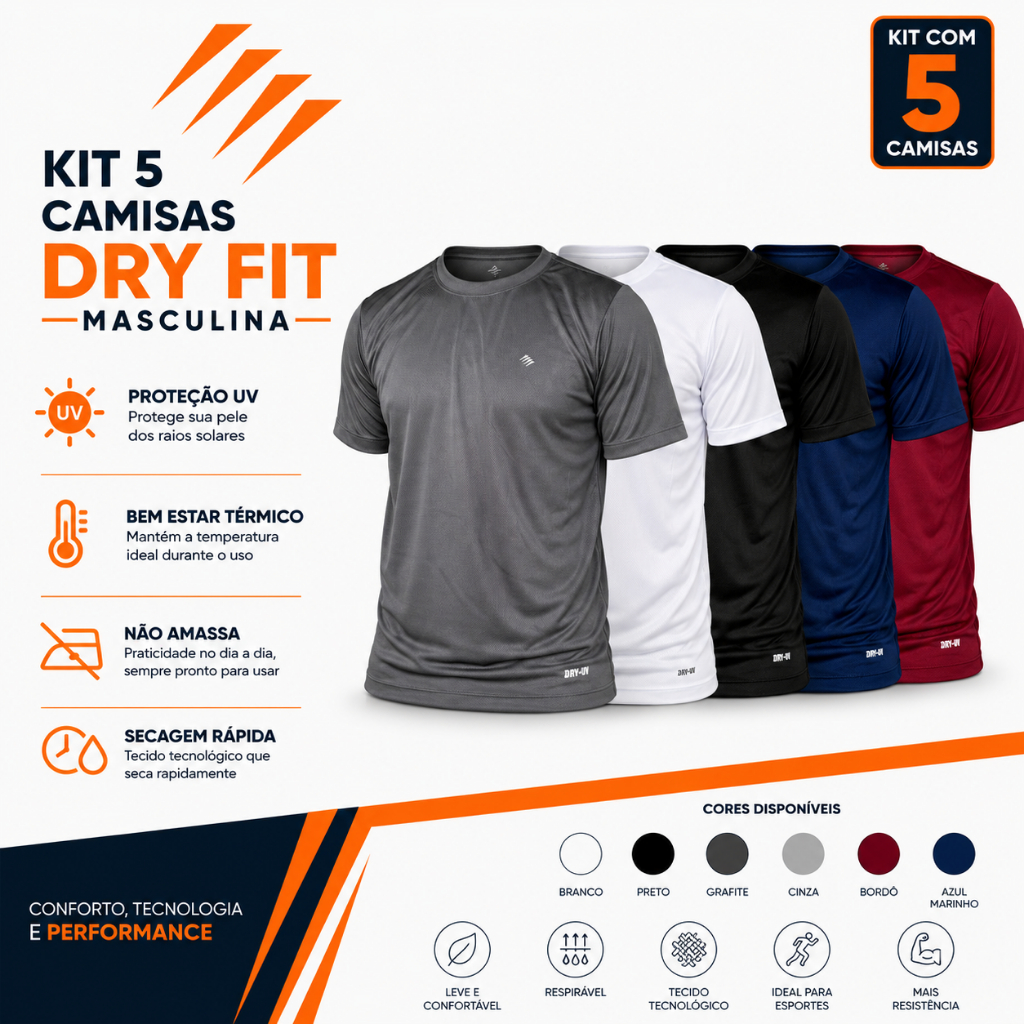 Kit com 5 Camisetas Masculinas Dry Fit com Elastano Academia Esportiva Treino Crossfit Proteção UV Conforto Térmico