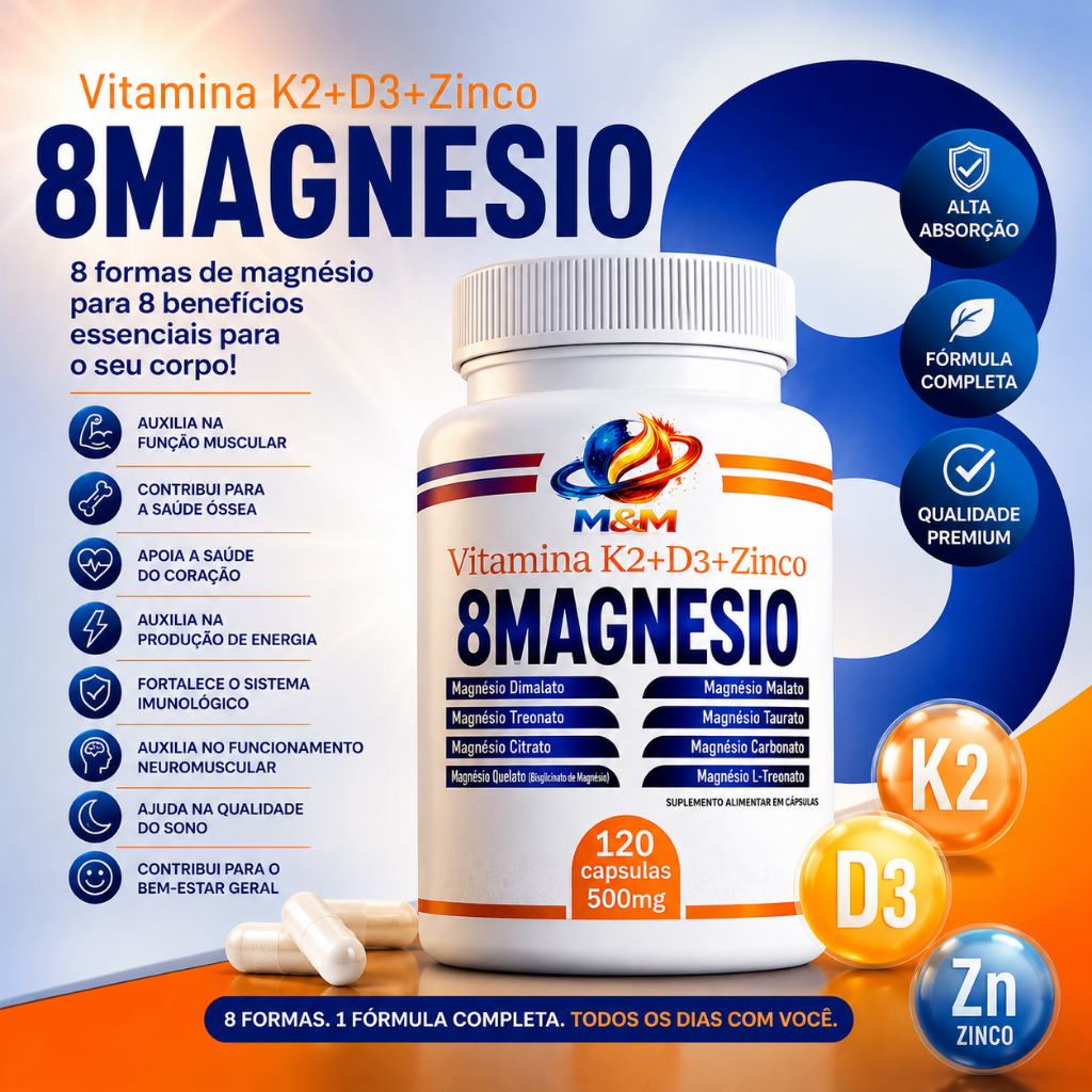 8 MAGNESIO + Vitamina D3 + K2 + ZINCO 120 OU 60 CAPSULAS,