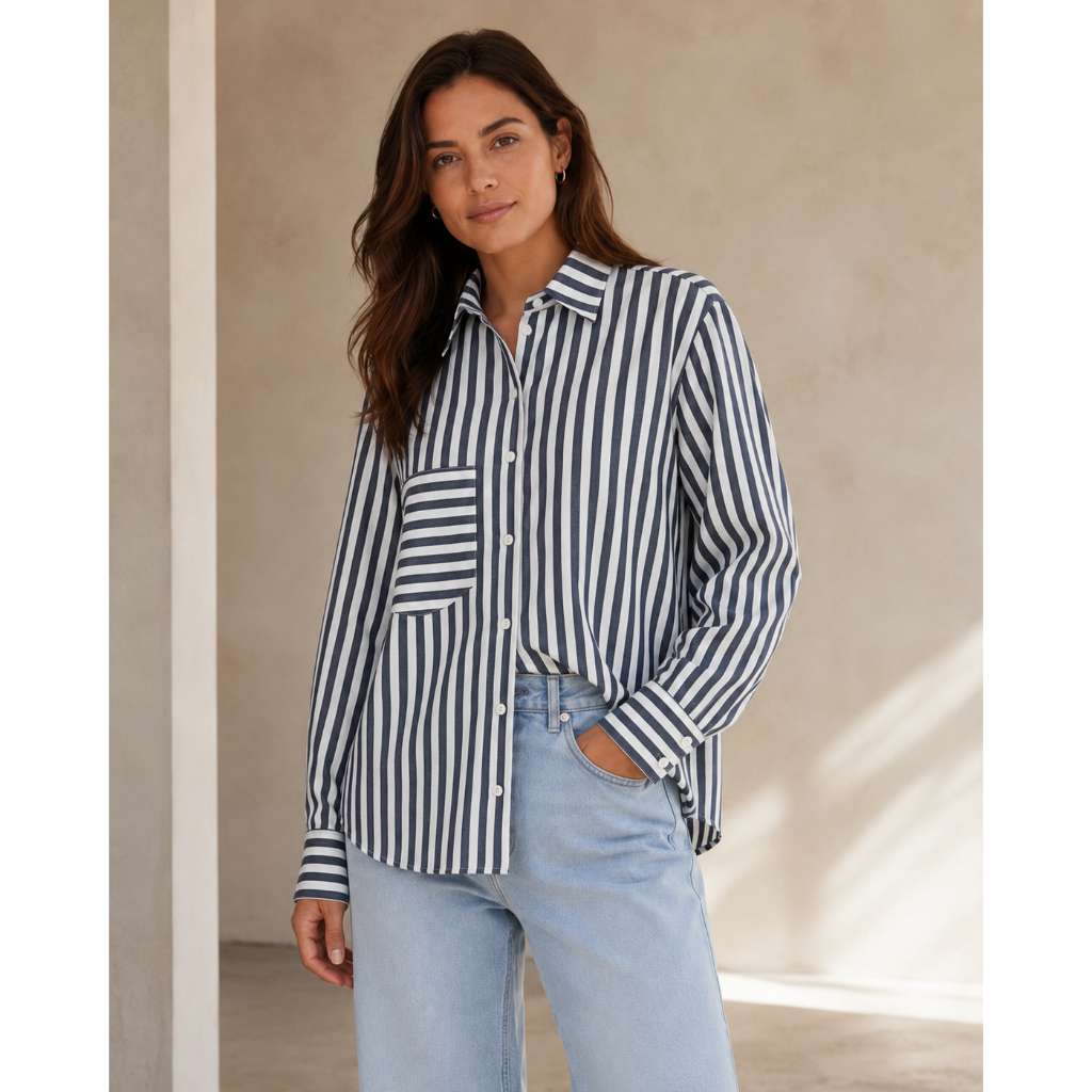 CAMISA FEMININA LISTRADA MANGA LONGA SOLTA TENDENCIA ALGODAO PREMIUM MODA