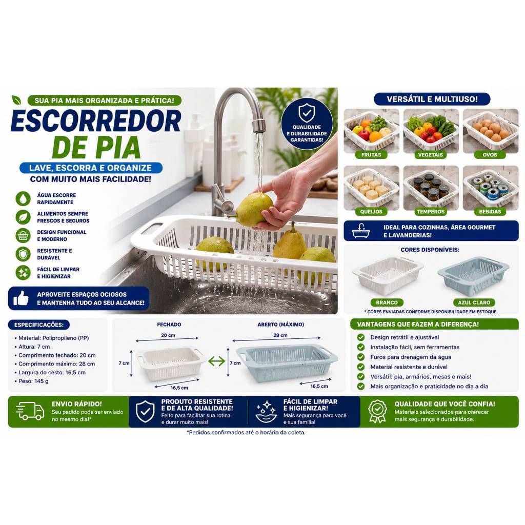 Escorredor de Pia Ajustável Multiuso com Alças Retráteis para Frutas Legumes e Massas Premium