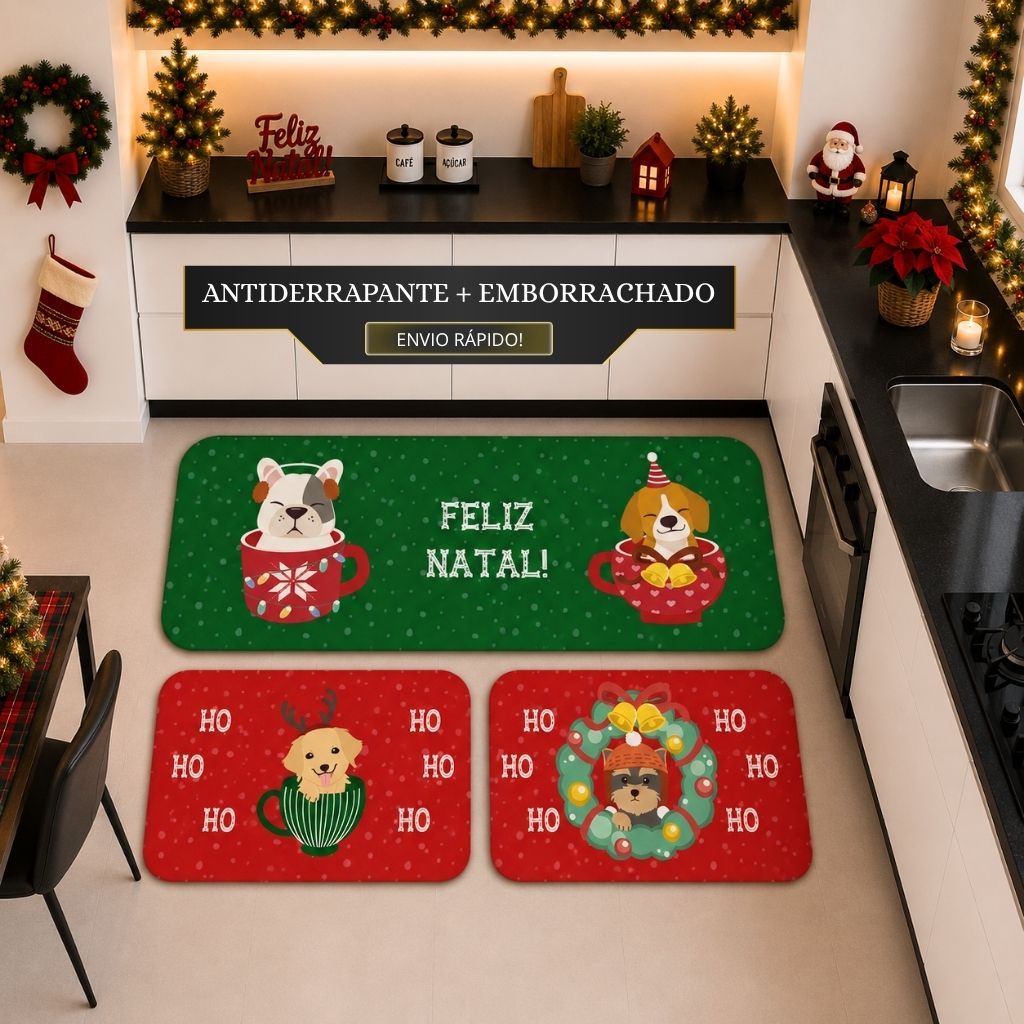 Kit com 3 Tapetes para Cozinha Decorativos Exclusivo Natalino Pet Cachorro