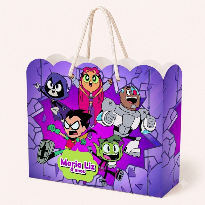 Sacolinha Personalizada Festa Infantil 20x15cm Nuvem Lembrancinha Jovens Titãs em Ação