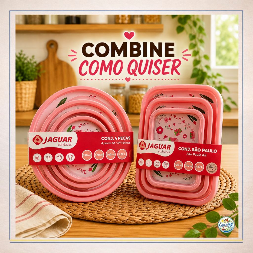 Kit Potes Herméticos Redondo e Retangular BPA Free Organizador Cozinha Despensa Geladeira Alimentos