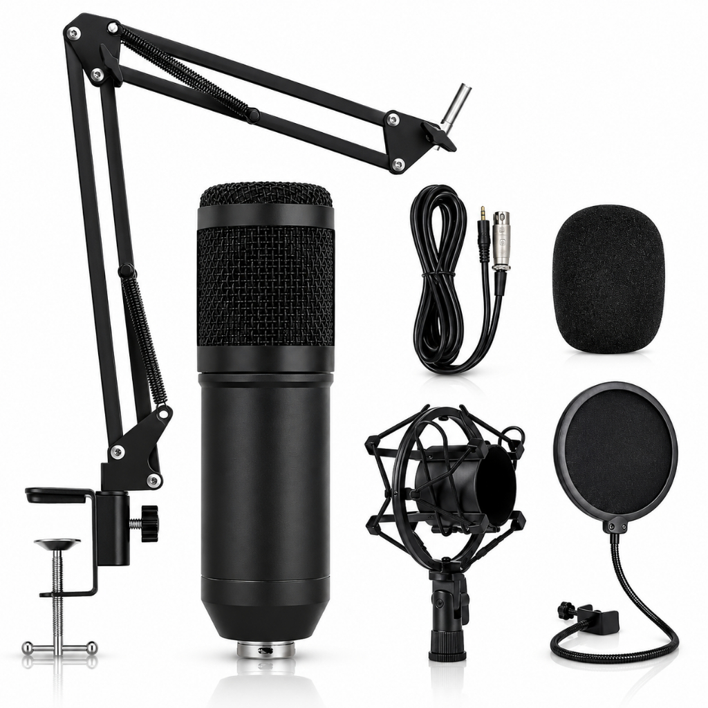 Kit Microfone Profissional Condensador com Braço de 80cm Espuma Abafador