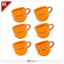 Kit 6 Xícaras de Porcelana Empilháveis Laranjas - Palavras Inspiradoras - Fé, Gratidão, Felicidade, Amor, Paz, Familia