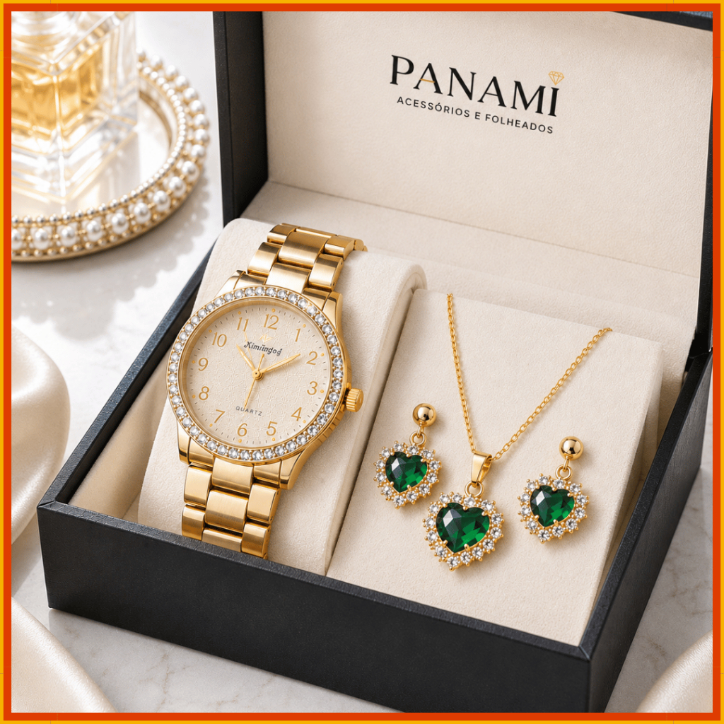 Kit Feminino Relógio Dourado Colar e Brincos Coração com Strass Conjunto de Acessórios Presente para Mulher