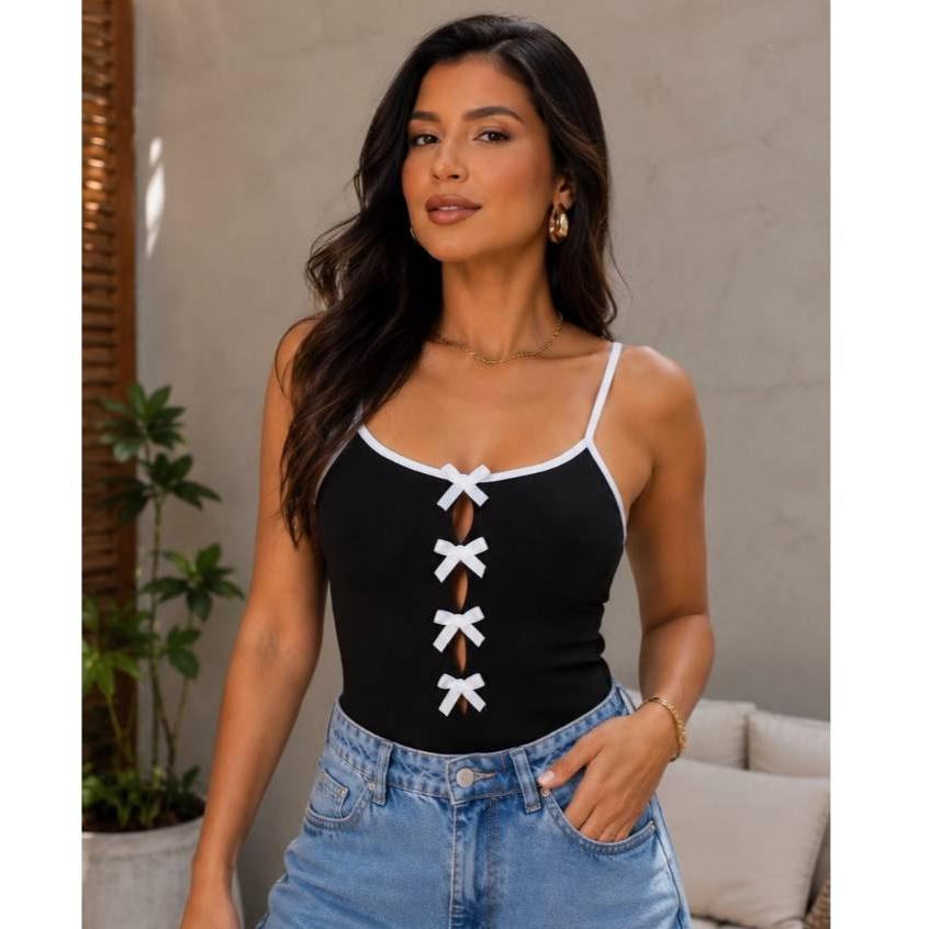 Body Feminino Laços Frontais Alcinha Canelado Elegante Moda Casual Premium Tendência