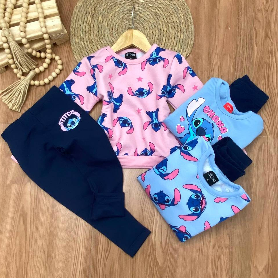 Lançamento Conjunto Moletom Stitch Inverno Meninas Flanelada Blusa Calça Legging Quentinha