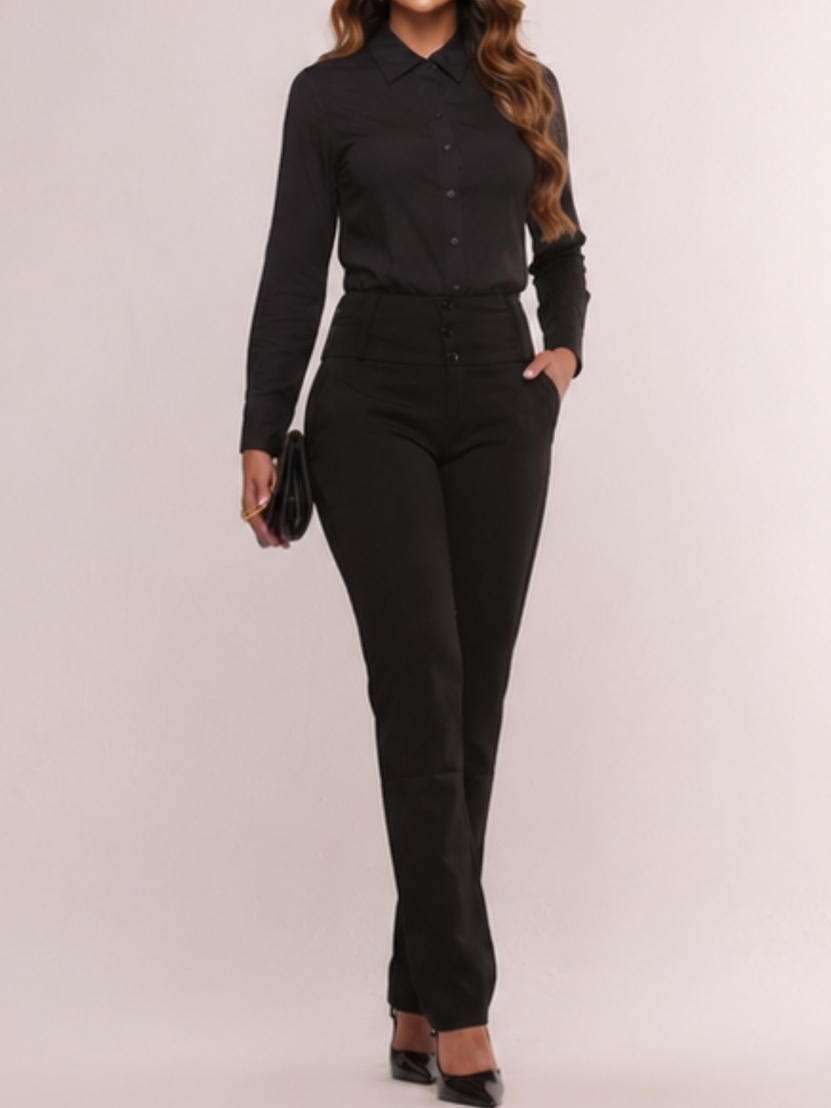 Conjunto Social Feminino Camisa Manga Longa e Calça de Alfaiataria Tecido leve e confortável