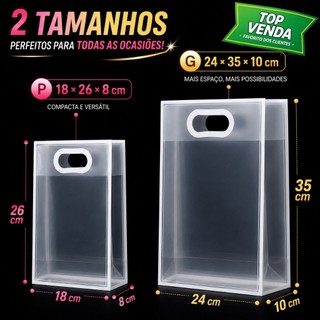 Kit 10/20/30/40 Sacola Transparente Presentes Premium com Borda Decorativa Tamanhos Pequeno eGrande Plástico Resistente