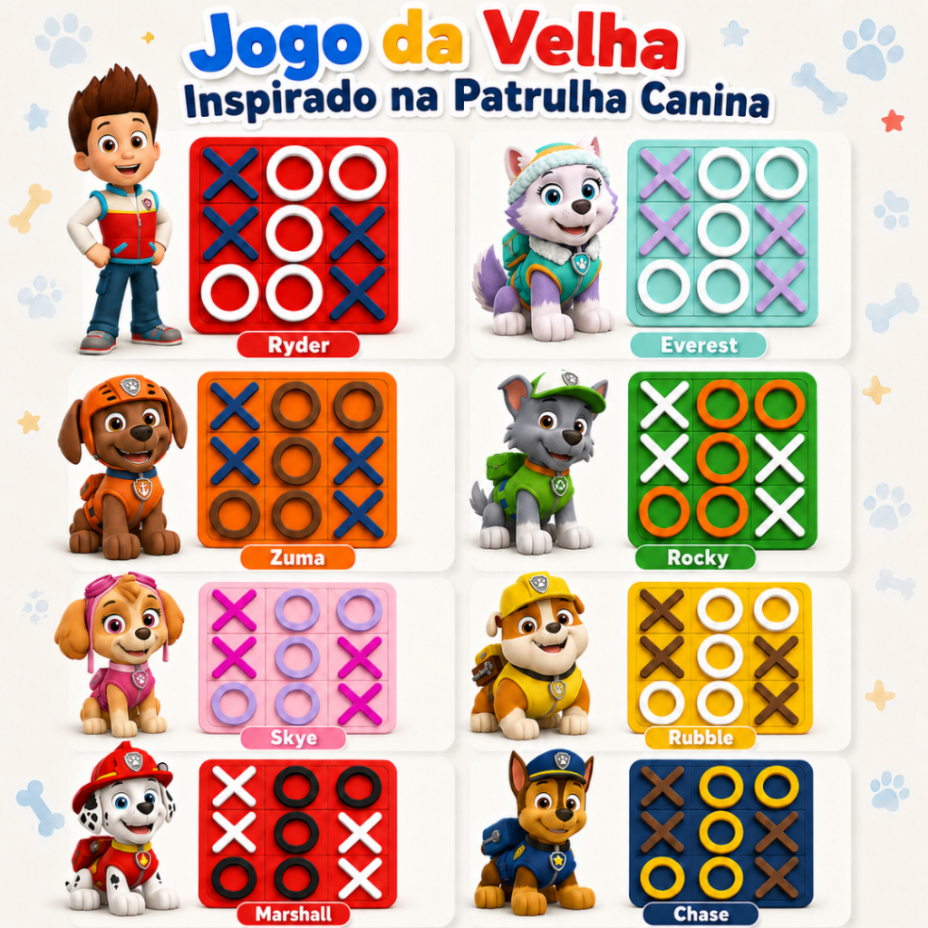 Kit Jogo da Velha MDF 10 cm Inspirado na Patrulha Canina Lembrancinha Festa Infantil