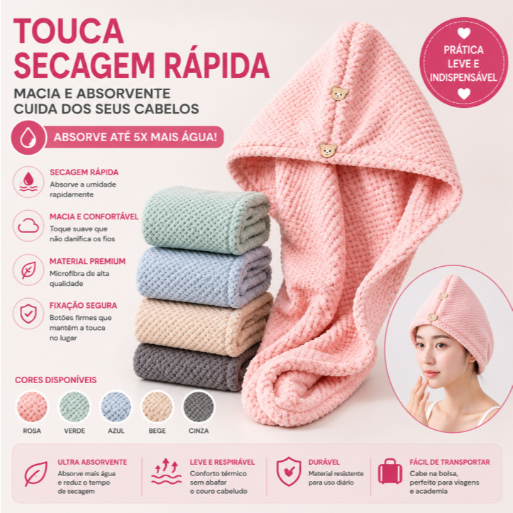 Touca de Microfibra para Cabelo Waffle Alta Absorção Secagem Rápida com Botão