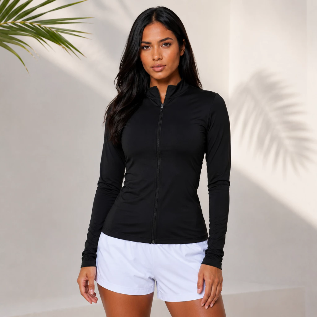 Casaco UV Feminino Proteção Solar UV 50+ Manga Longa com Zíper Dry Fit