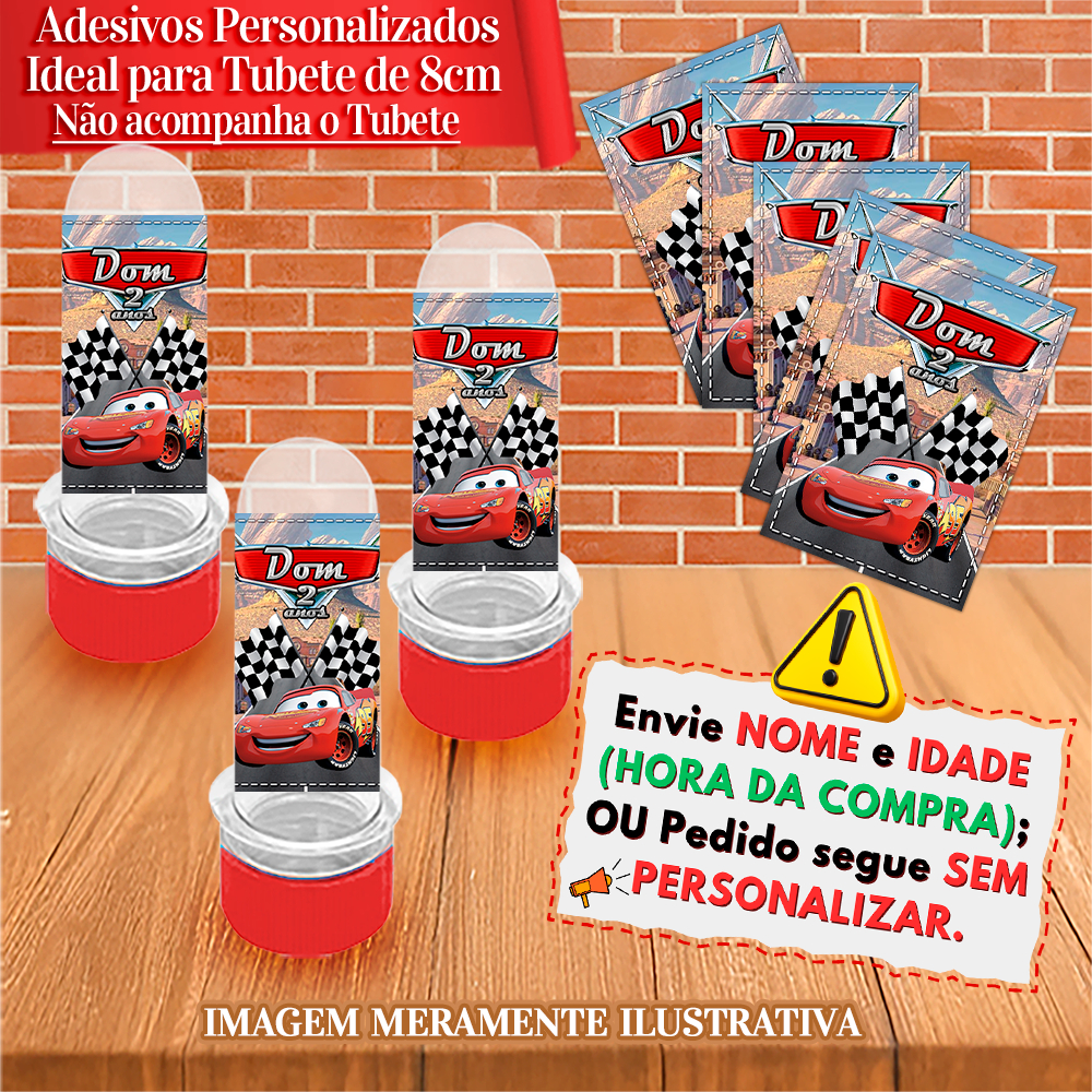 Adesivos de Mini Tubete 8cm Personalizado Carros Disney Relâmpago Mcqueen