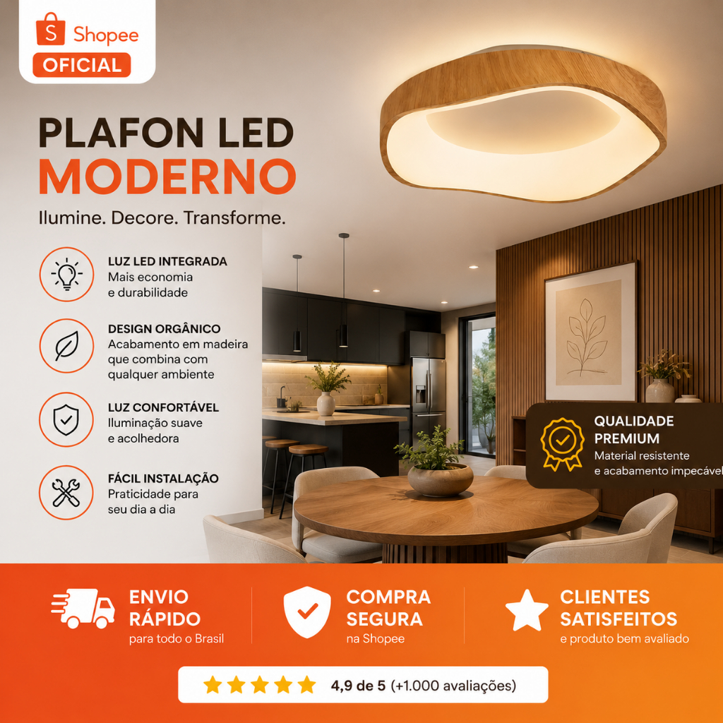Luminaria Plafon LED de Sobrepor/Pedente PSR-009MD/400 – 35W – 3 Em 1 – Acrílico e Metal – Madeira