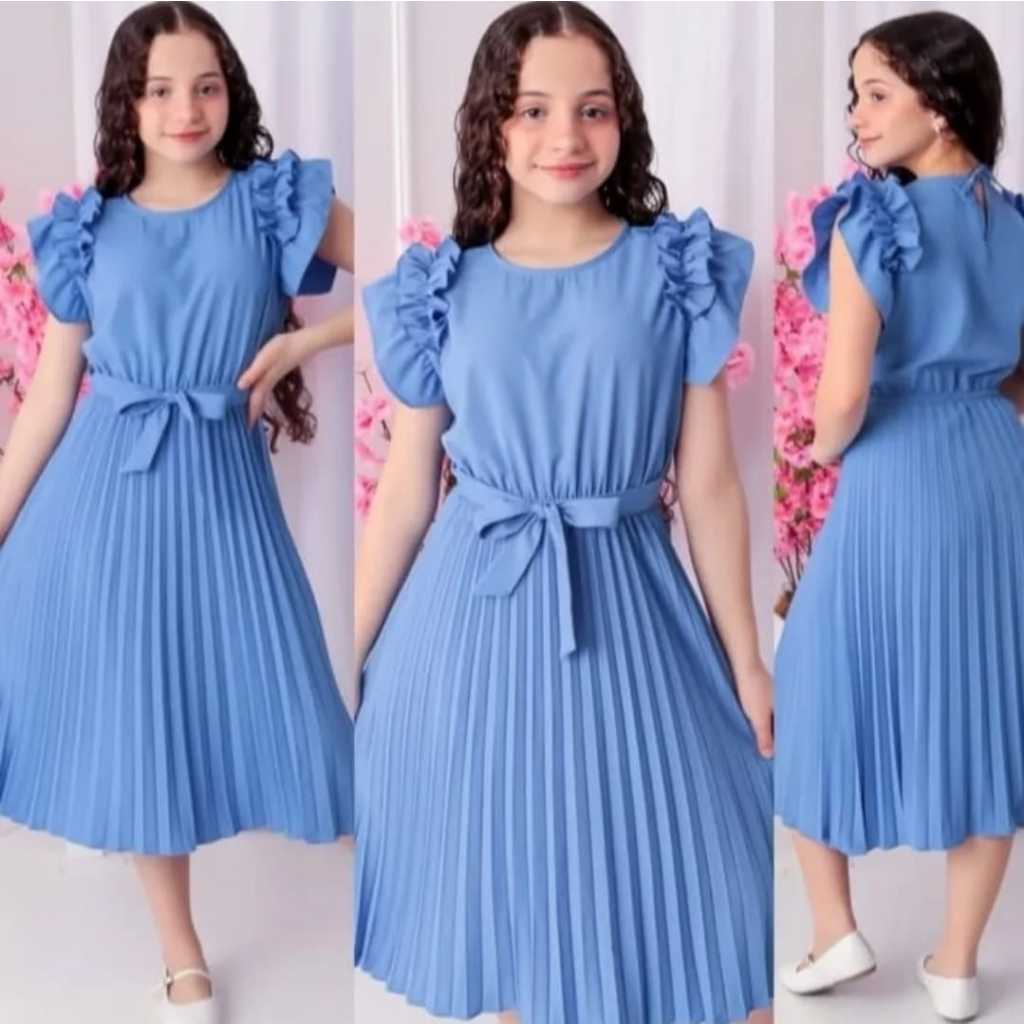 Vestido Juvenil Mídi Feminino Saia Plissada com forro e laço na Cintura detalhe nos ombros
