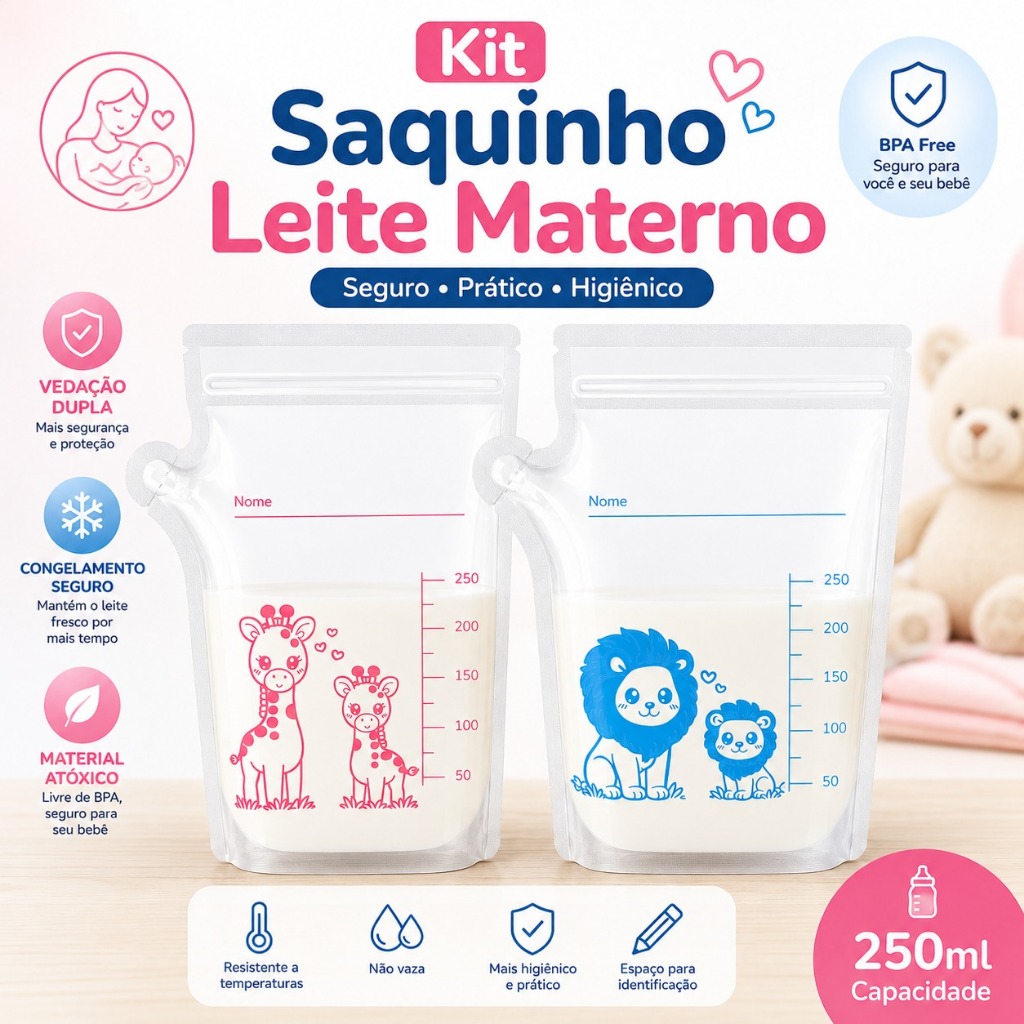 Kit Saquinho Armazenamento Leite Materno Rosa e Azul Saco para Coleta Conservação e Congelamento maternidade amamentação