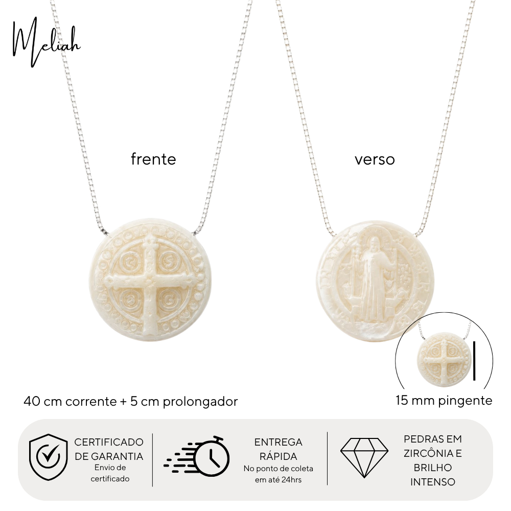 Colar Feminino Prata com Pingente Madrepérola Medalha São Bento Fé Proteção Joia Presente Religioso Moderno