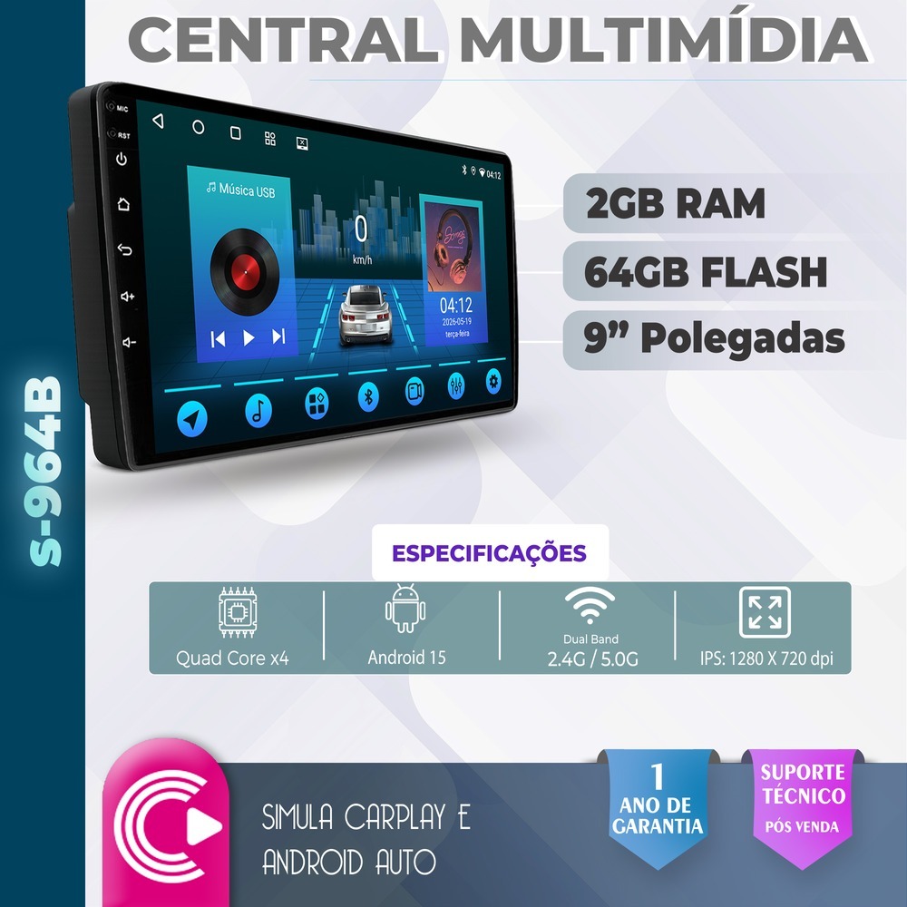 Multimídia Pad Soaudio 2ram 64gb Tela Carplay Android Gps Bluetooth 9 Polegadas Preto