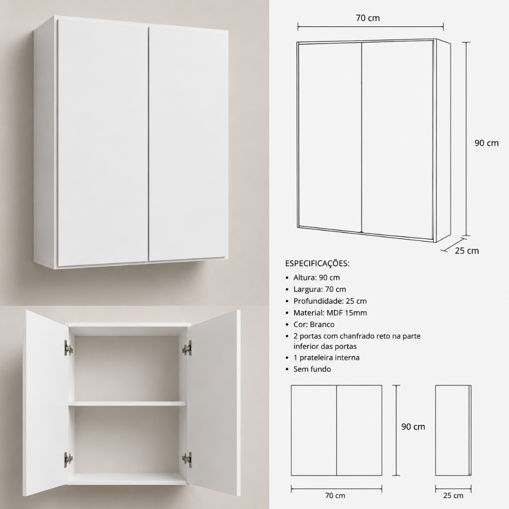 Armário Aéreo Multiuso 2 Portas em MDF – 90A X70L X25P C/ Prateleira C/Fundo - DESMONTADO