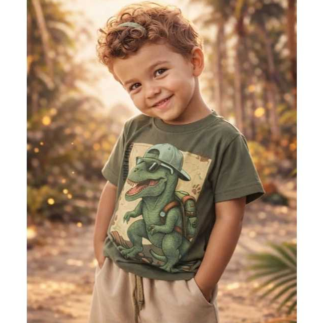 CONJUNTO INFANTIL MASCULINO BLUSA DE MALHA VERDE MILITAR ESTAMPA DE DINOSSAURO DE BONÉ SHORT BEGE  COM ELASTICO NO CÓS