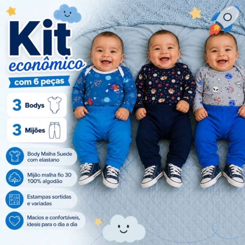 Kit Econômico 3 Conjuntos Bebê Body Suede com Elastano e Mijão 100% Algodão Menino Menina P M G Estampas Sortidas
