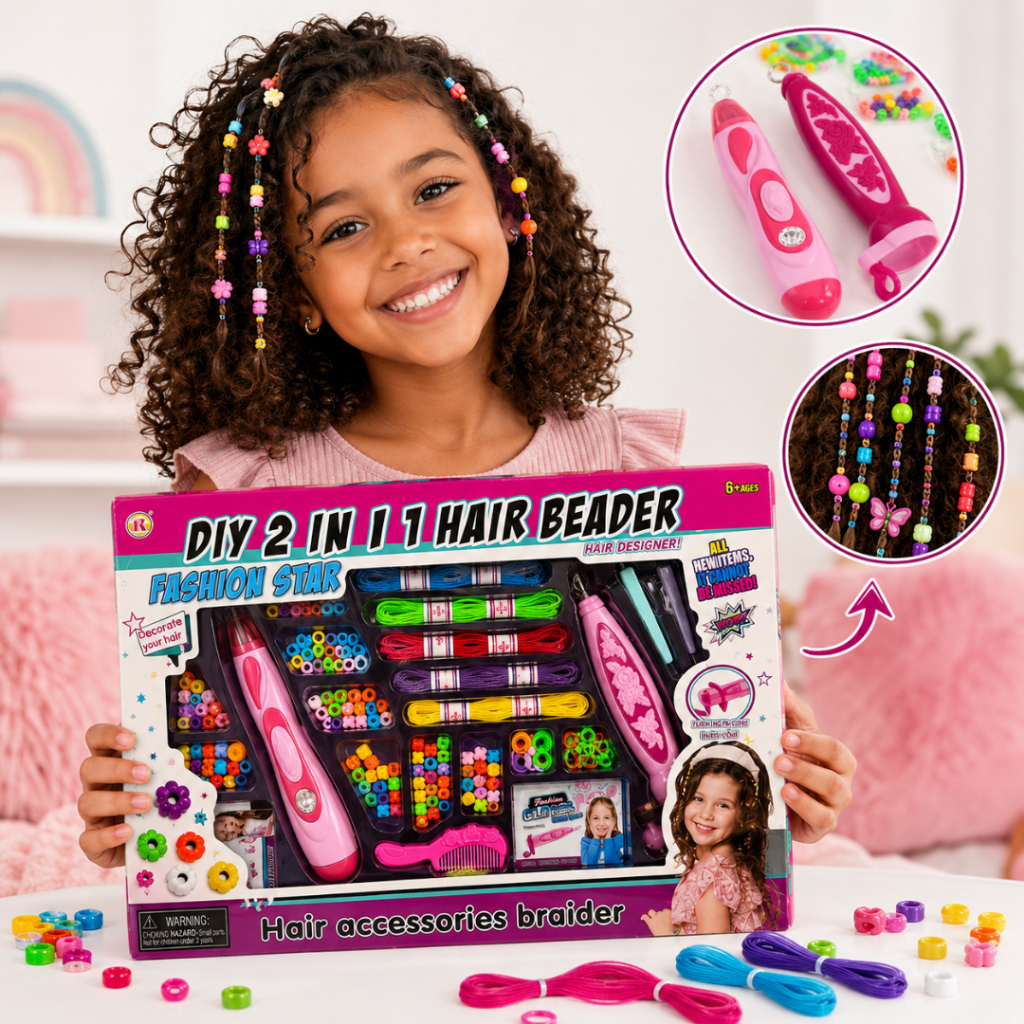 Máquina de Trança Infantil 2 em 1 Kit Criativo com Miçangas Coloridas Contas Acessórios Penteado Menina