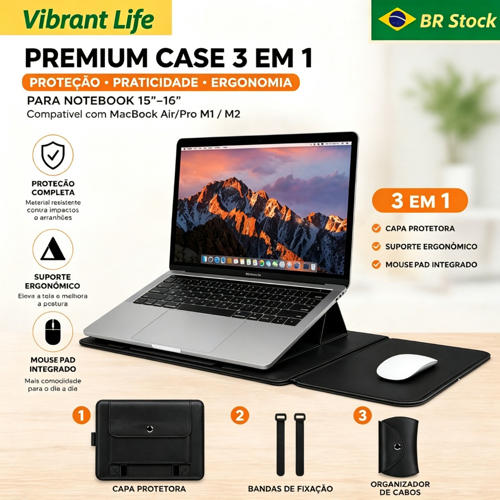 Case 3 em 1 para Notebook 15-16" MacBook Air/Pro M1/M2 – Capa de Couro Premium c