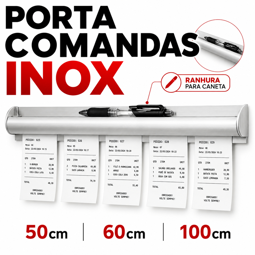 Porta Comanda Inox 50cm 60cm 100cm Suporte de Pedido para Bar Restaurante Pizzaria Organizador de Comandas