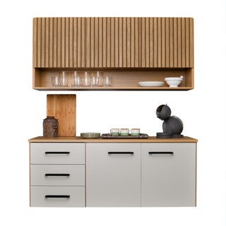 Armário de Cozinha Eliza com Balcão Aéreo 3 Gavetas Telescópicas Ripado 3D MDF MDP Modern…