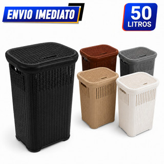 Cesto Rattan 50L com Tampa Organizador de Roupas Lavanderia Banheiro Quarto