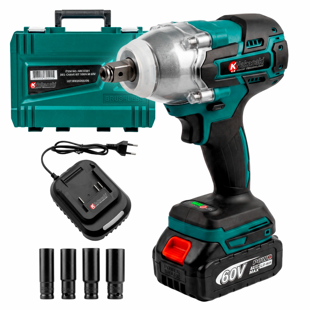 Chave De Impacto Elétrica 350Nm Sem Fio Furadeira Parafusadeira Brushless Com 2 Baterias 60v Bivolt