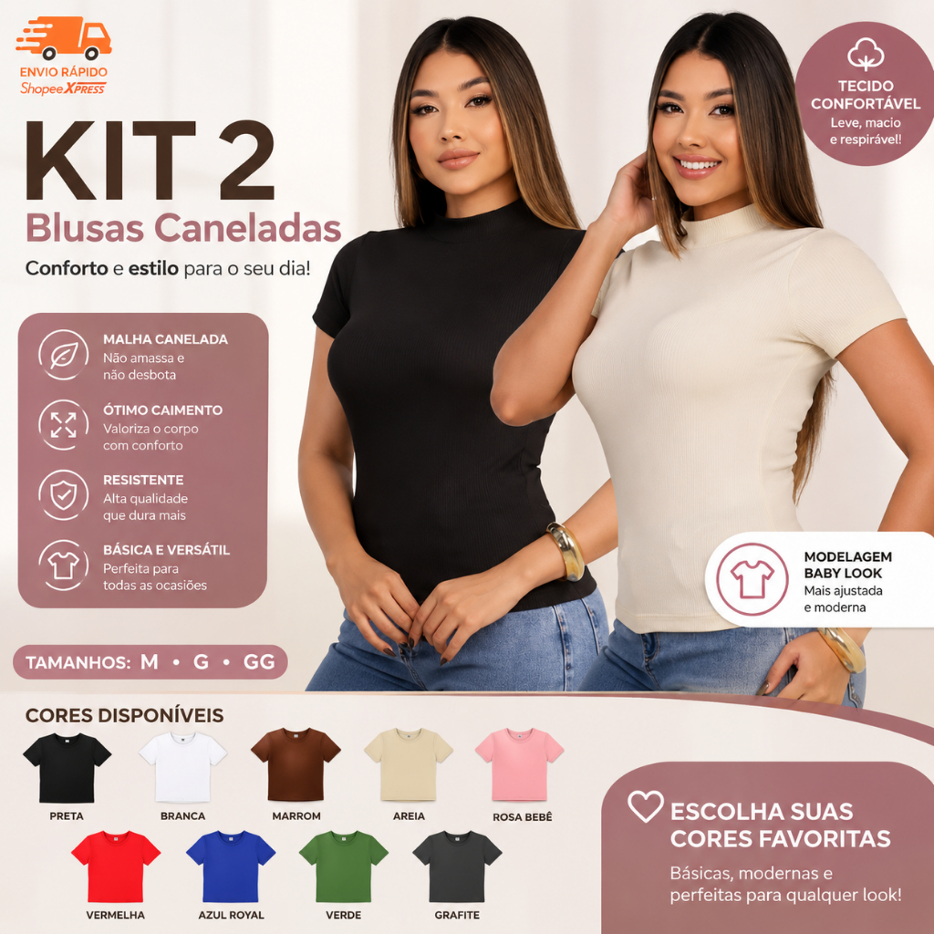 Kit 2 Blusas Feminina Canelada Manga Curta Gola Alta Toque Macio Segunda Pele Estilosa Confortável Básica Lisa