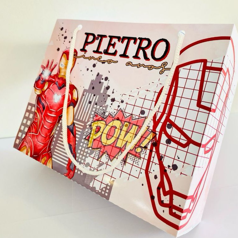 Sacolinha Personalizada Homem de Ferro | Lembrancinha Infantil Luxo Vingadores com Nome | Bolsa Surpresa Heróis