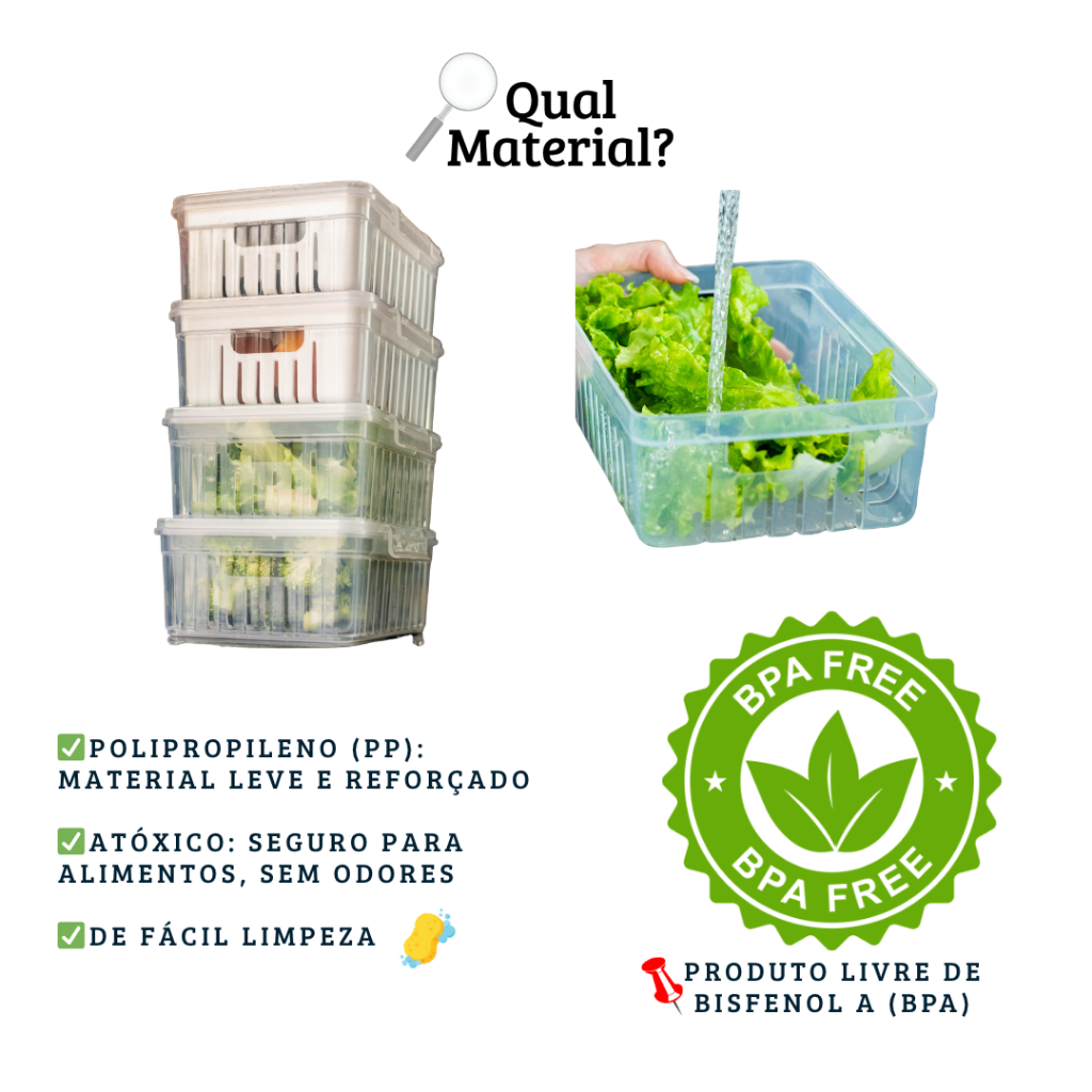 Kit Potes Organizadores com Escorredor e Tampa Geladeira Para Alimentos Vegetais Fruta Cozinha Armário Moderna — imagem 2 de 2
