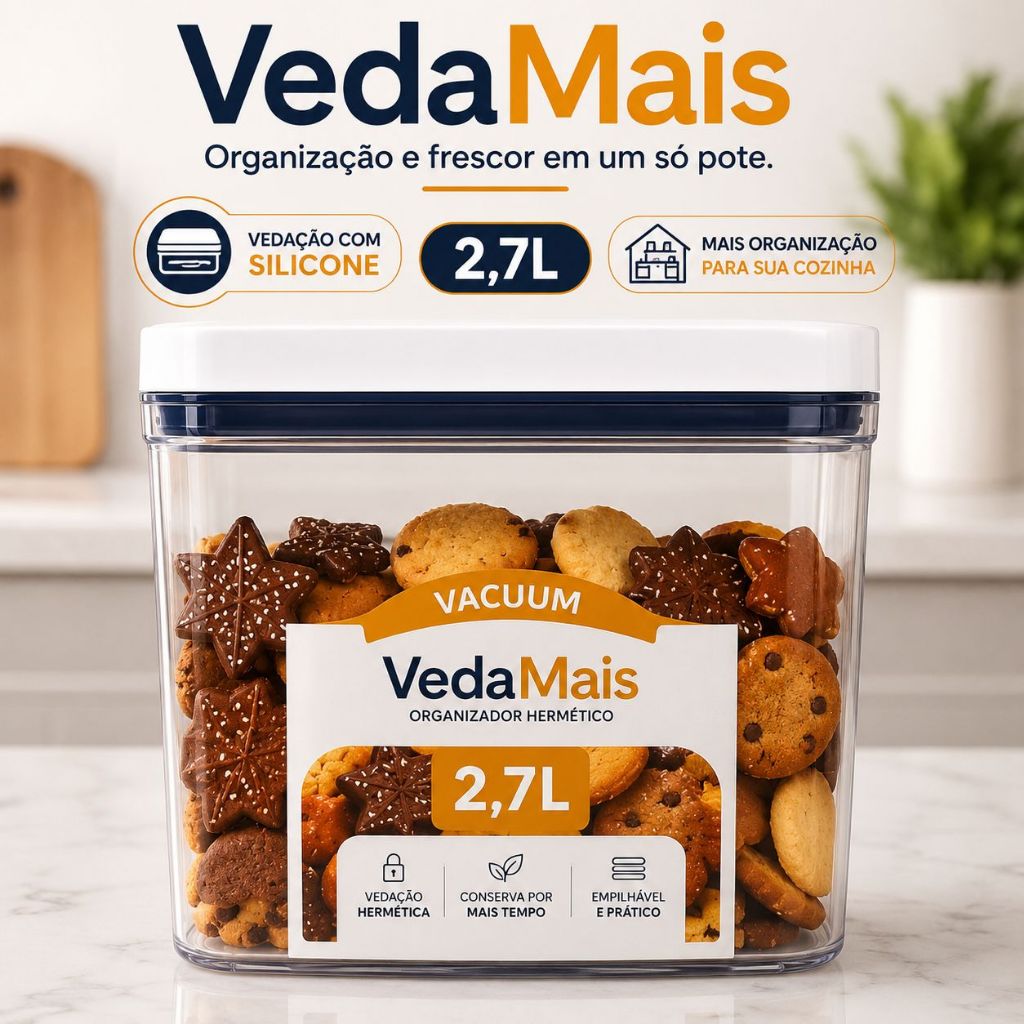 Pote Hermético 2,7L VedaMais Organizador de Mantimentos Retangular com Vedação em Silicone Transparente