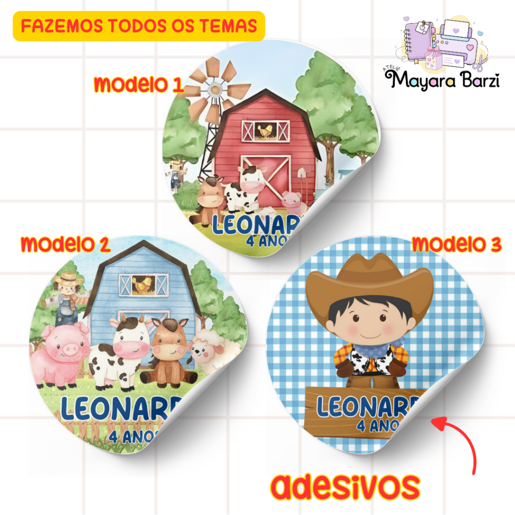 30 Adesivos Personalizados - Tema Fazendinha 3x3, 4x4, 5x5, Ideal para lembrancinhas