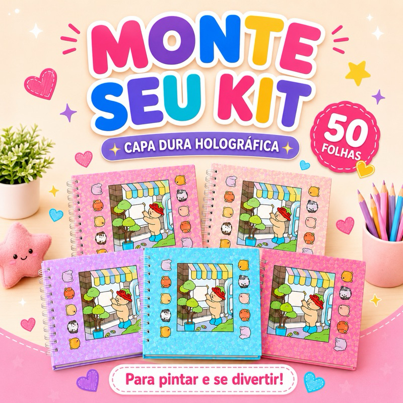 Monte seu Caderno de Colorir Infantil Capa Dura Holográfica com Folha de Acetato Protetora Removível