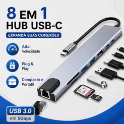 Porta USB Hub 8 Em 1 Leitor SD Type C Áudio 3.5mm, HDMI 4K, RJ45 Rede, 2xUSB3.0 2xUSB2.0, PD Notebook MacBook