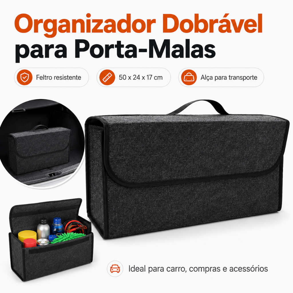 Organizador de Porta-Malas Dobrável em Feltro 50x24x17cm com Tampa e Alça para Carro