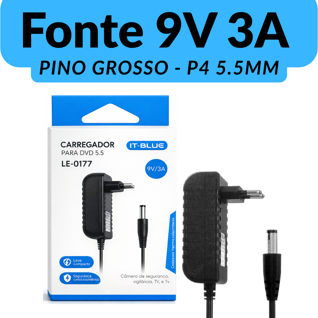 Fonte Alimentação 9V 3A Para Roteador, Modem, Caixa de Som Pino Grosso P4 5.5mm Bivolt