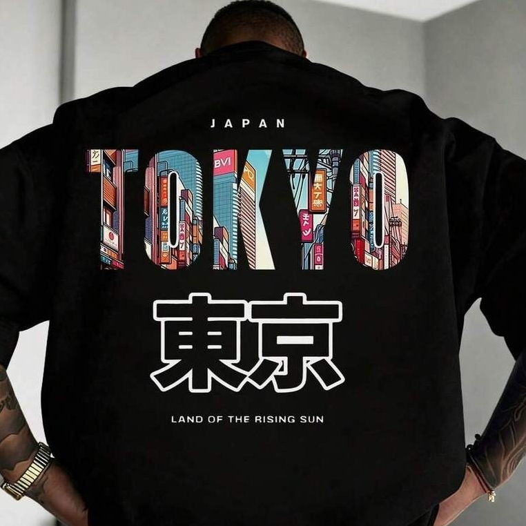 Camiseta de Manga Curta Zrgoth Masculina Versátil Moda Slogan "TOKYO" de Elementos de Tóquio
