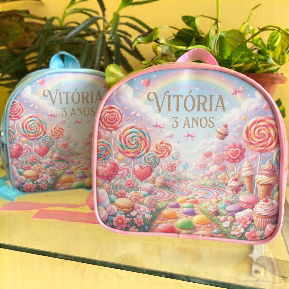 20 Mochilinhas lembrancinhas personalizada no tema mundo dos doces, personalizamos para aniversários, brindes e mimos