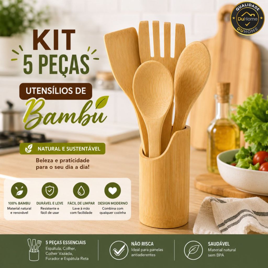 Conjunto de Utensílios de Bambu 5 Peças para Cozinha Espátula Colher Concha Espumadeira Pegador Madeira Resistente