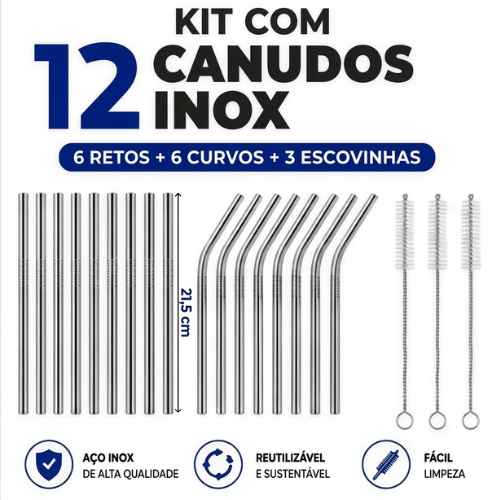 Combo 4/8/12/16 Canudos Inox Curvos com Escova Ecológico Reutilizáveis Laváveis