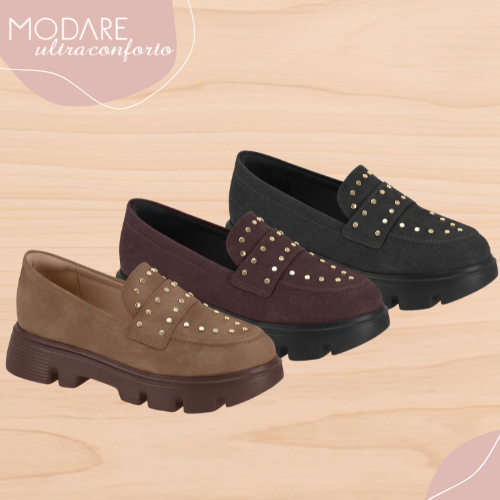 Mocassim Feminino Estiloso Moderno Confortável Tratorado Tachas Macio Modare Conforto 7409.103