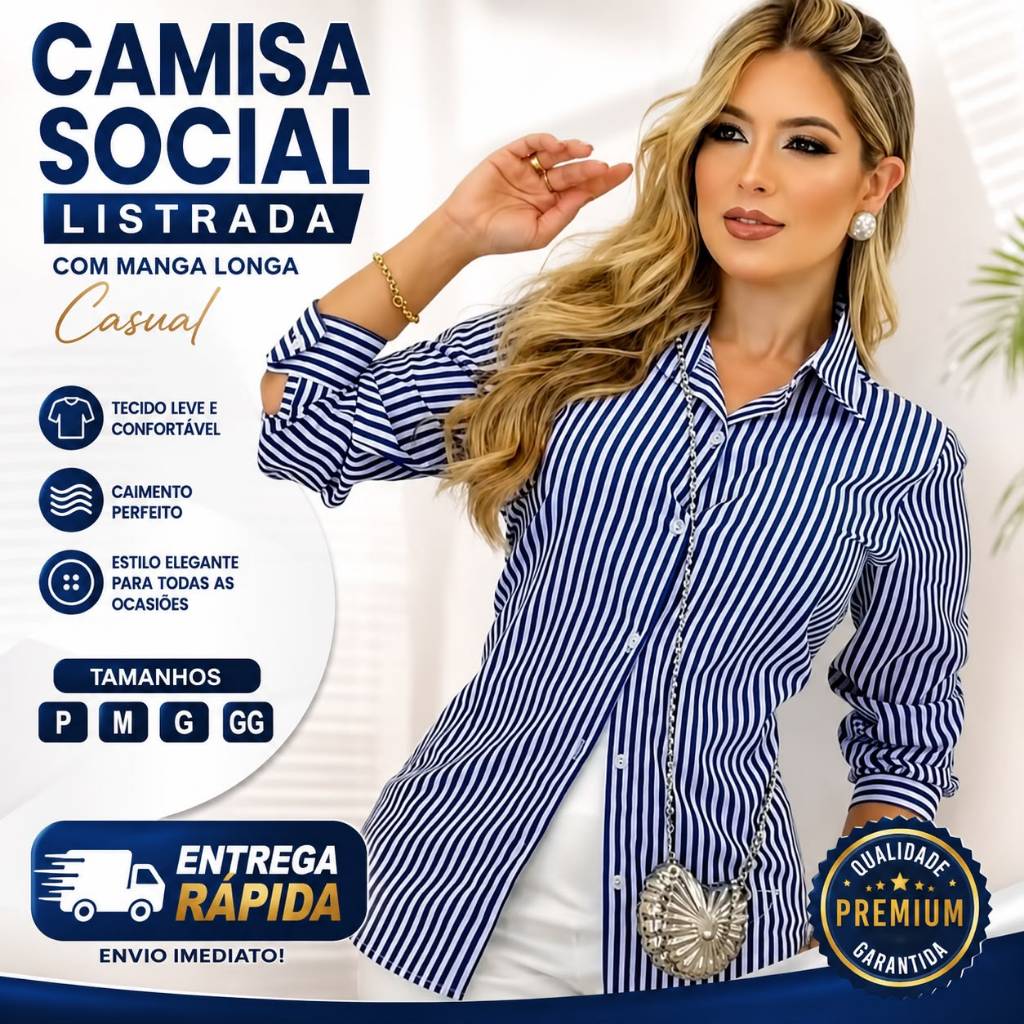 CAMISA SOCIAL FEMININA COM MANGA LONGA LISTRADA TENDENCIA ELEGANTE ENTREGA RAPIDA