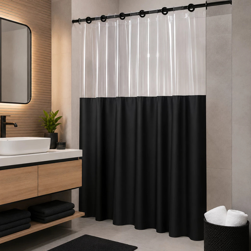 Cortina de Box Banheiro PVC Impermeável com Visor Transparente Antimofo 1,35x2,00m Resistente