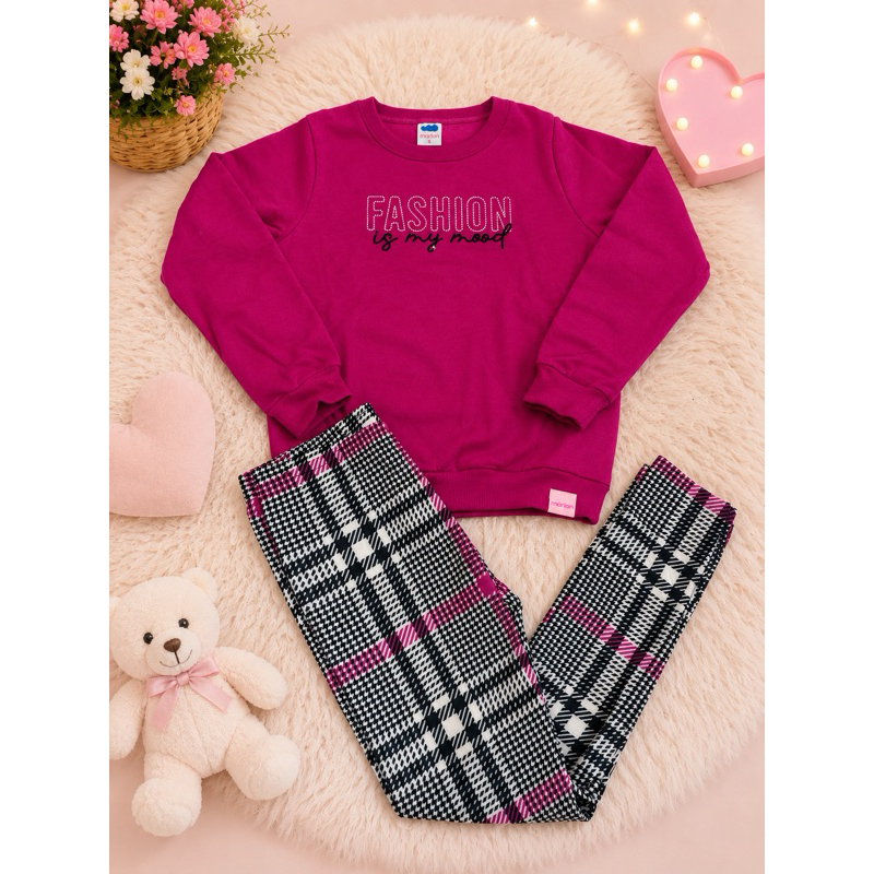Conjunto Infantil Menina Moletom Fashion Blusa e Calça Legging Xadrez Inverno Menina Tamanho 8